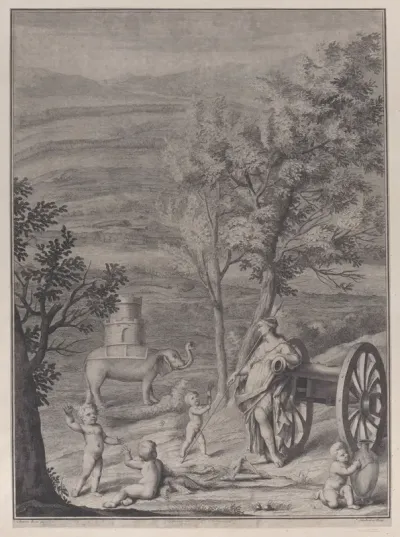 A woman standing against a cannon at right, putti in the foreground, and an elephant with a tower on its back in the background at left, from "Danubius Pannonico-Mysicus" (Volume 3)