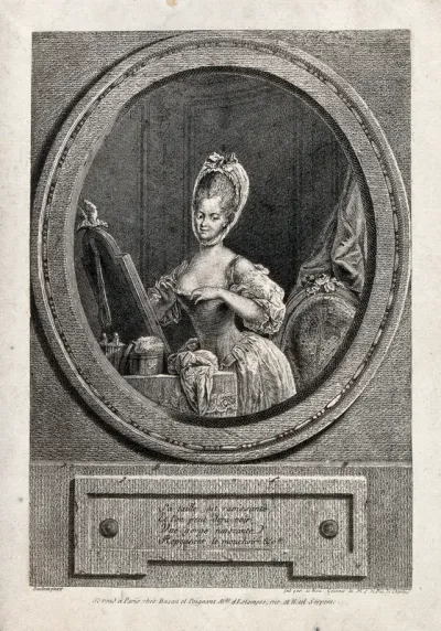 A woman standing at her dressing table and arranging her bodice; upon the dressing table is a power box and puff, two perfume bottles and a mirror upon which perches a bird