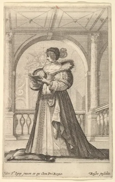 A woman standing, facing the left in profile, wearing a hat and a lace collar, reading from a prayer book, from "French Nobility at Church"