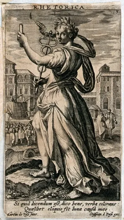 A woman standing in a market place, a scroll in her left hand, a caduceus in her right, while to her right a play is performed, to her left two men are debating; representing Rhetoric