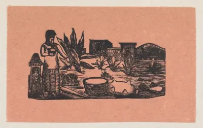 A woman standing in the countryside pointing to a tub of water