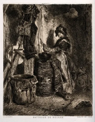 A woman stands at a large vat making butter