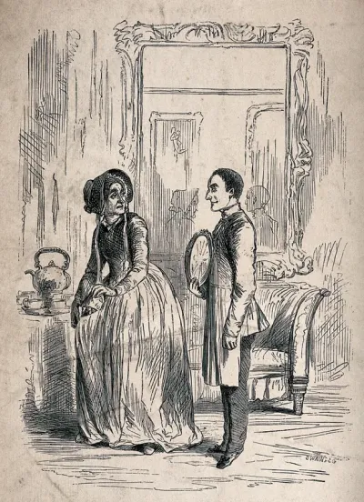 A woman stealing some sugar by emptying it into her pocket is discovered by a manservant of the household