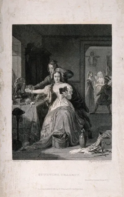 A woman studying a book of tragedy while having her hair dressed by a female assistant; in the background a group act out a tragedy