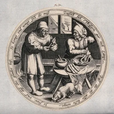 A woman stuffing sausages banters with a man about his not measuring up to the largest size