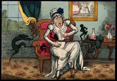 A woman suffering the pain of colic; illustrated by demons tugging on a rope wound around her stomach