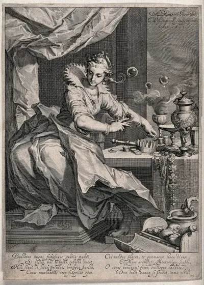 A woman surrounded by bubbles is sitting in front of a table with temporal riches, while smoke rises out of a cup; representing vanity