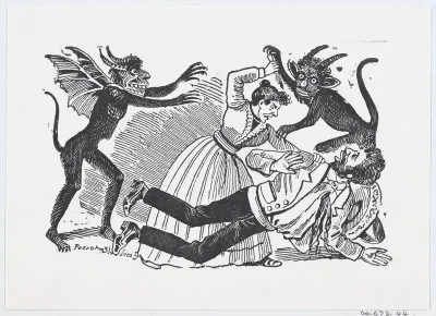 A woman surrounded by demons stabbing a man to death from a broadside entitled 'Horroroso Asesinato'