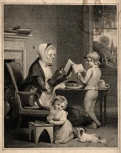 A woman teaches religion to a boy, while his sister plays with their dog