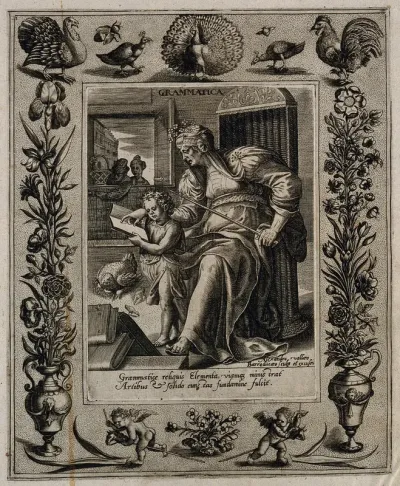 A woman teaching an infant to read; representing grammar