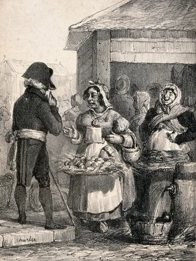 A woman trader at the Halles market in Paris defends her conduct in conversation with an official as another woman looks on in amusement