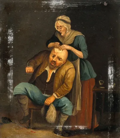A woman treating a man's head-wound