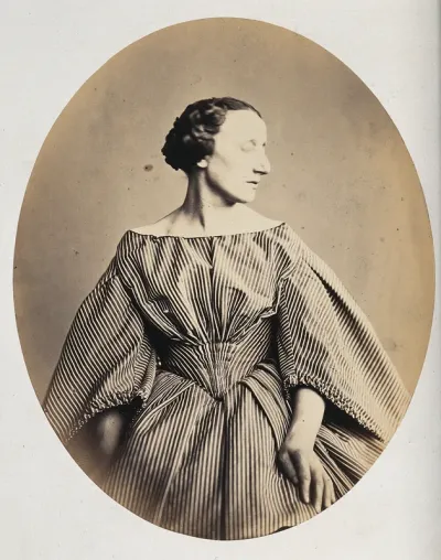 A woman, viewed from the front, with her head tilted toward her left shoulder