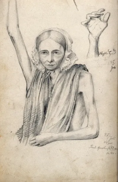 A woman viewed from the front, with her right arm raised, a detail of her hand is in the top right corner
