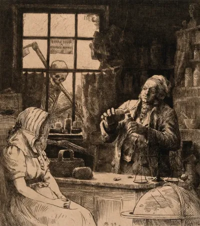 A woman visits an apothecary; death lurks nearby