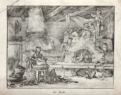 A woman washing clothes; in the background children are playing in a disused kiln