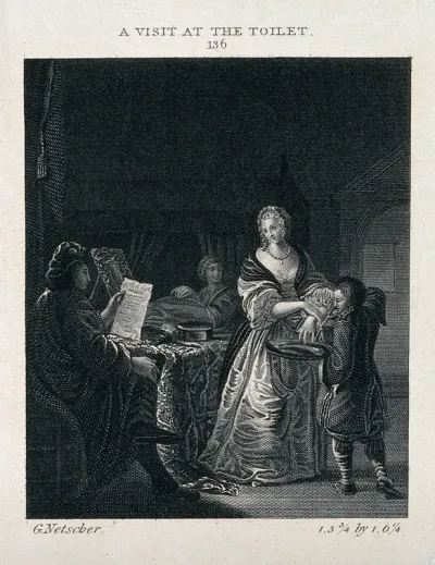 A woman washing her hands in a bowl held by a boy servant; to the left a seated man reads a letter