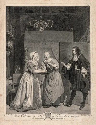 A woman washing her hands in a bowl of water held by a maidservant; a man enters through a door on the right