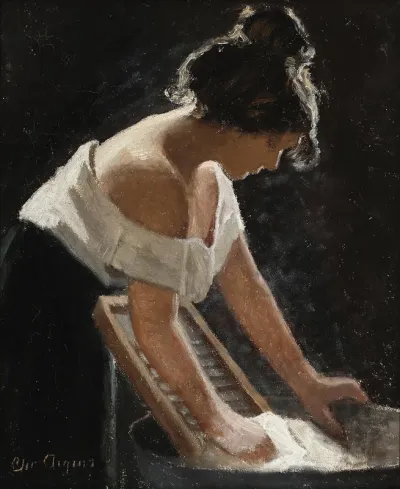 A woman washing, seen in profile.