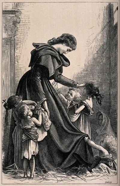 A woman wearing a long dress is surrounded by small children, an old woman wearing a shawl sits in the corner