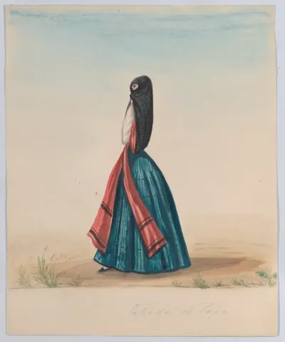 A woman wearing the saya and manto standing in profile, from a group of drawings depicting Peruvian dress