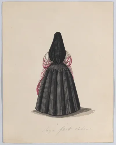 A woman wearing the saya viewed from behind, from a group of drawings depicting Peruvian dress