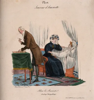 A woman weeps at her paramour's bed; the doctor puts away his lancet