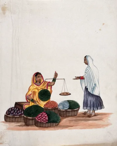 A woman weighing vegetables for a female customer