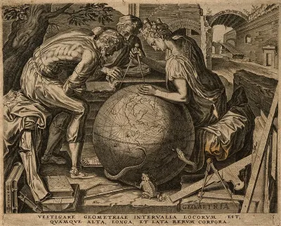 A woman with a castle on her head traces a compass across a globe while two men crouch over it; representing geometry