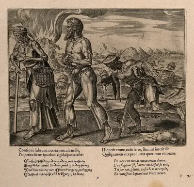 A woman with a crutch, a man in chains and a man falling on a sword; allegory of suffering and the different forms of death