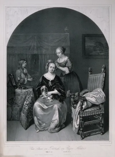 A woman with a dog on her knee having her hair dressed by a female assistant; in the lefthand background a boy holds hair-dressing implements