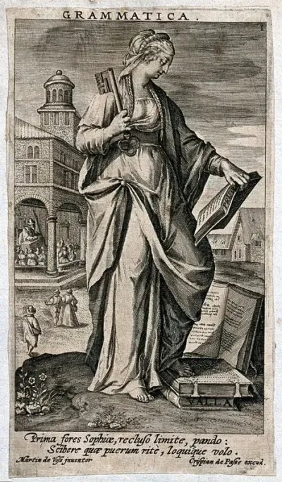 A woman with a key and four books standing in front of a tower with an open loggia in which a man is teaching children; representing Grammar