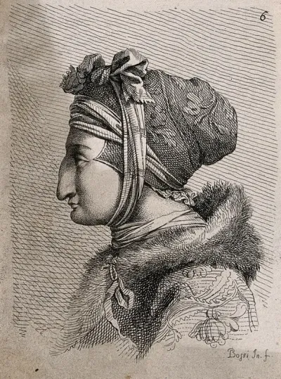 A woman with a long, vertical nose, wearing an elaborate hat and a fur hood