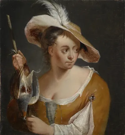 A woman with a partridge on a stake