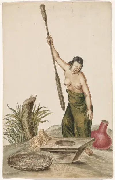 A Woman with a Rice Pounder, Rice Block, Sieve and Jug