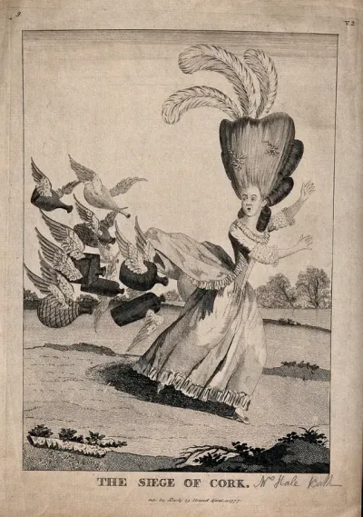 A woman with a very elaborate hair style and a rump extended with cork armatures is being pursued by winged uncorked bottles