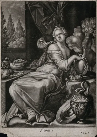 A woman with bare shoulders is holding a steaming object (a burning heart?) towards the peacock behind her, she is surrounded by a crown and sceptre, coins and various other items of luxury; representing Vanity