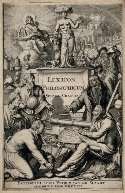 A woman with five breasts on a pedestal, with attributes of nature and the elements, and with Apollo next to her seated on a cloud; men with various experimental instruments below them; representing natural philosophy