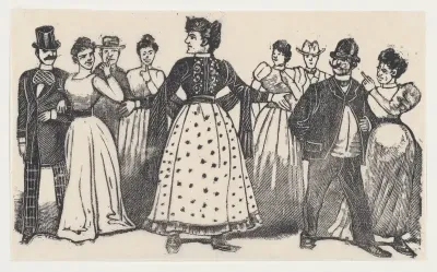 A woman with her ams open surrounded by figures in elegant dress