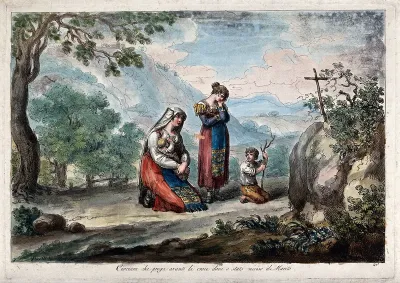 A woman with her children praying before a cross where her husband was killed