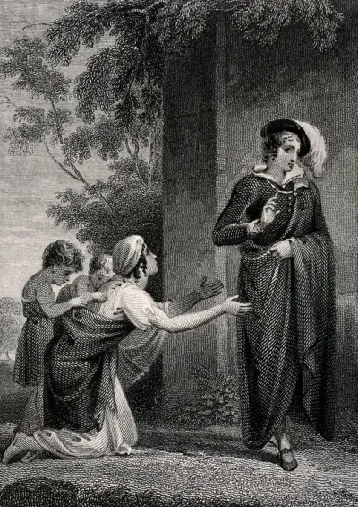 A woman with two small children pleads for alms from a man dressed in a cape and feathered cap
