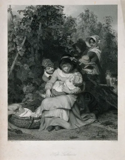 A woman with young children sitting in a hop field during harvesting
