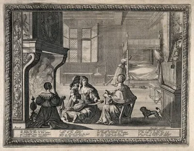 A woman wrapping a baby in swaddling bandages after breast feeding it, several other women and a small child sit with her