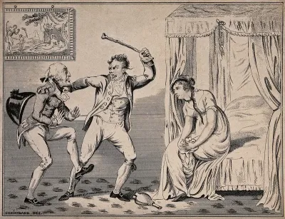 A women sits dejectedly on the end of the bed as one man threatens to hit the other with a riding crop