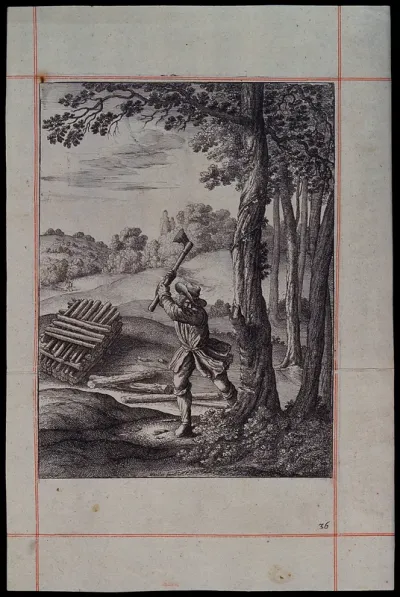 A woodman is swinging an axe at a tree