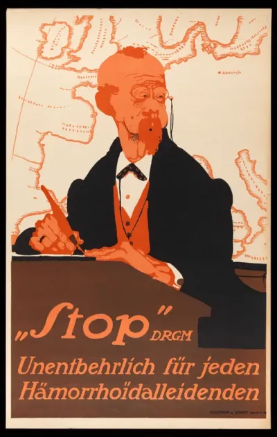 A worried sedentary office worker needing a cure for haemorrhoids; advertising the "Stop" remedy for haemorrhoids