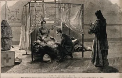 A wounded British soldier being visited in an Egyptian hospital by a monk, a sister of mercy and a chaplain