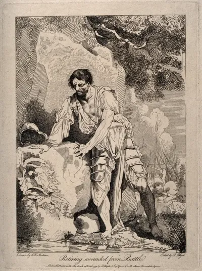 A wounded soldier retiring from battle