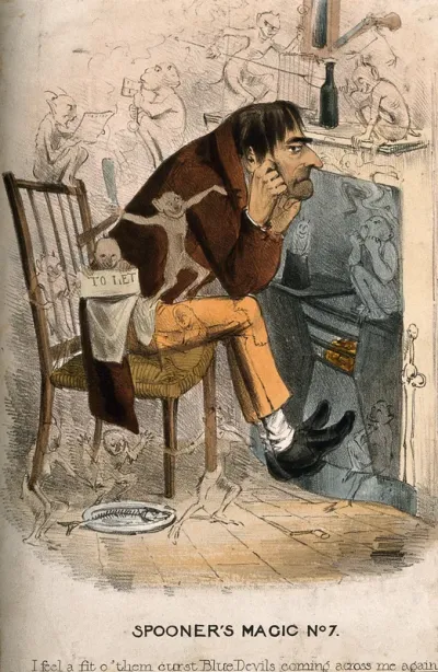 A wretched man with an approaching depression; represented by encroaching little devils