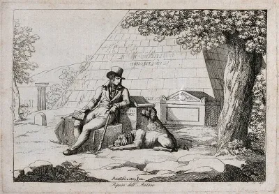 A writer (Pinelli?) resting, holding a book while sitting on a tombstone, his two dogs at his feet; a pyramid in the background